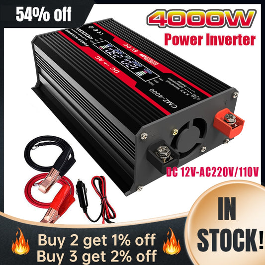 4000W Pure Sine Wave Inverter 12V/24V/48V/60V DC to AC 220V 110V Voltage Transformer Power Socket Converter for Car Home Outdoor