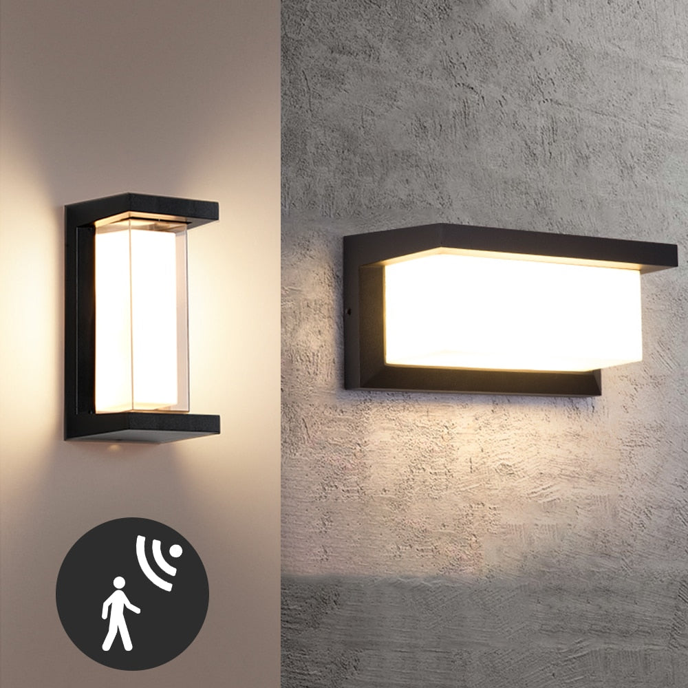 Lámpara LED de pared para exteriores, impermeable, IP65, Sensor de Radar, iluminación, luces de porche montadas en superficie, balcón, jardín, aplique de 12W, 18W, 30W