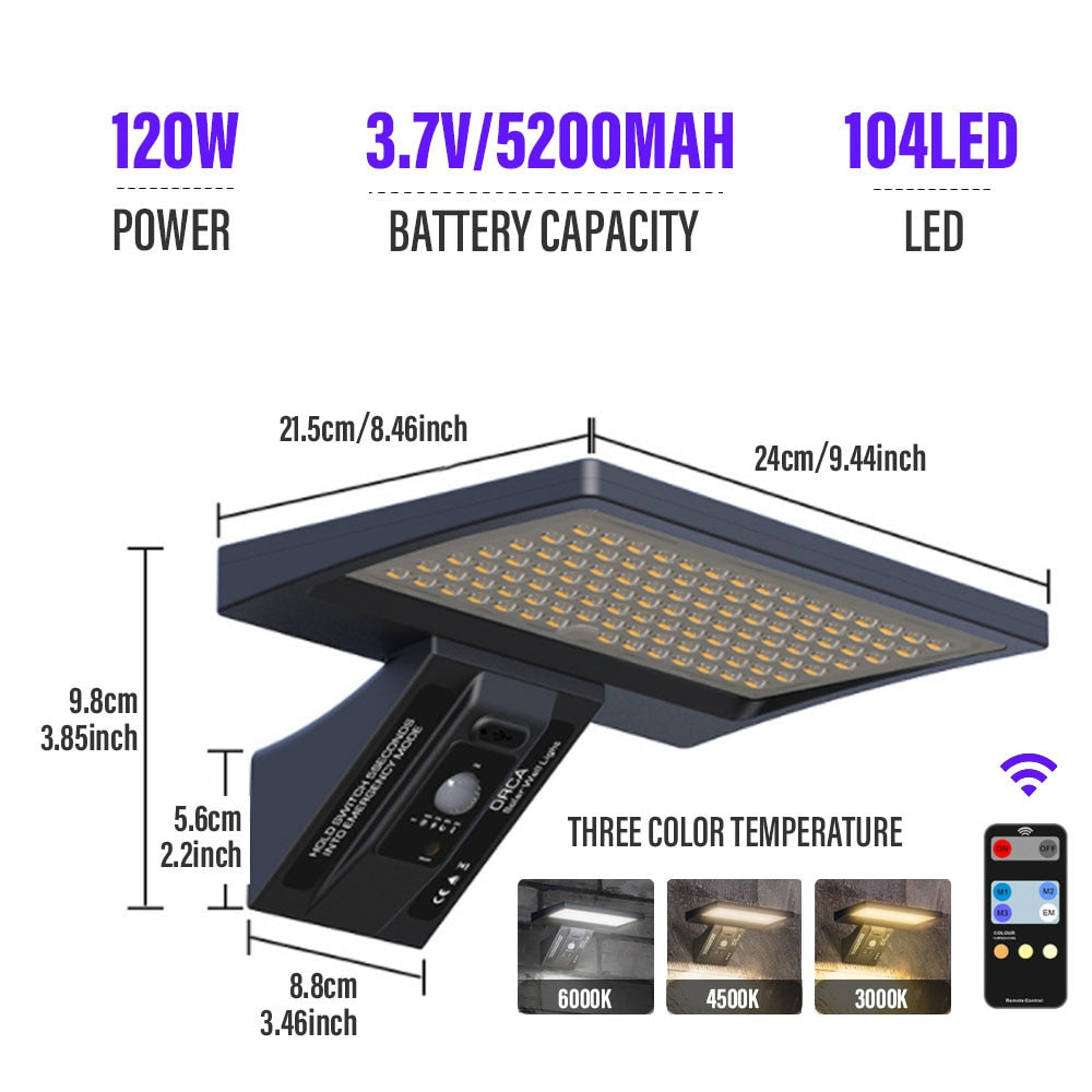 LED Outdoor Solar Wall Light IP65 Waterproof with Remote Control Motion Sensor Street Light for Courtyard Garage Garden Corridor