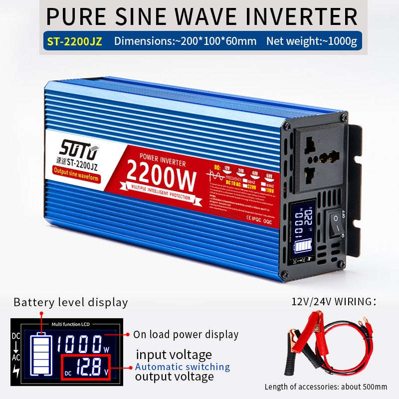 Inversor universal de forma de onda senoidal pura DC 12V24V48V60V a 110V-240V Inversor de tela LCD 1800W/2200W/3000W PowerConverter 50/60HZ
