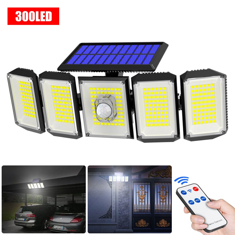 5 Heads 300 LED Solar Light Outdoor Motion Sensor Waterproof IP65 Wide-angle Illumination Wall Lamp Rotatable Security Lights