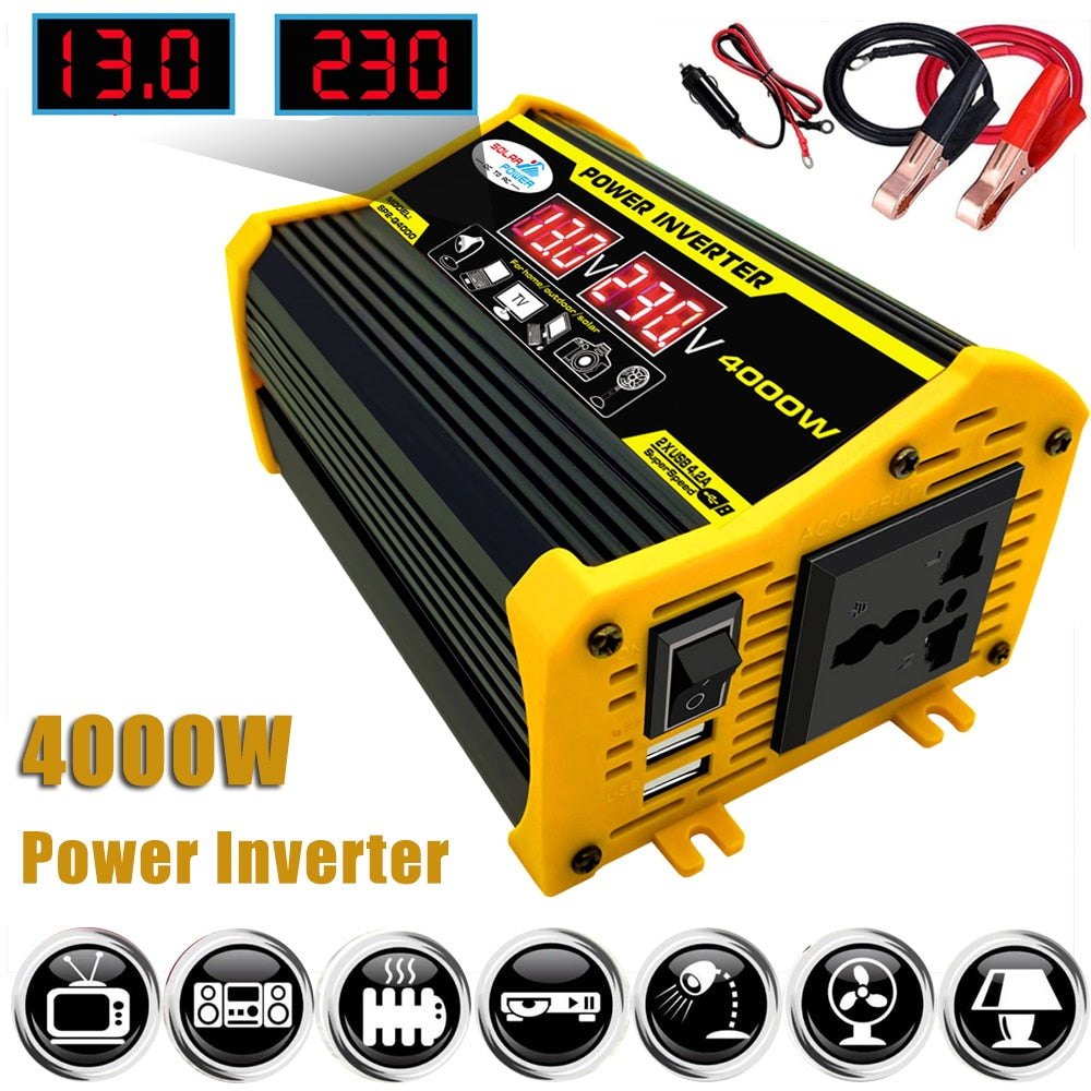 Peak 4000W Power Inverter 12V to 110V 220V for Solar Panel Electronic Car Converter Modified Sine Wave 2 USB Fast Charging