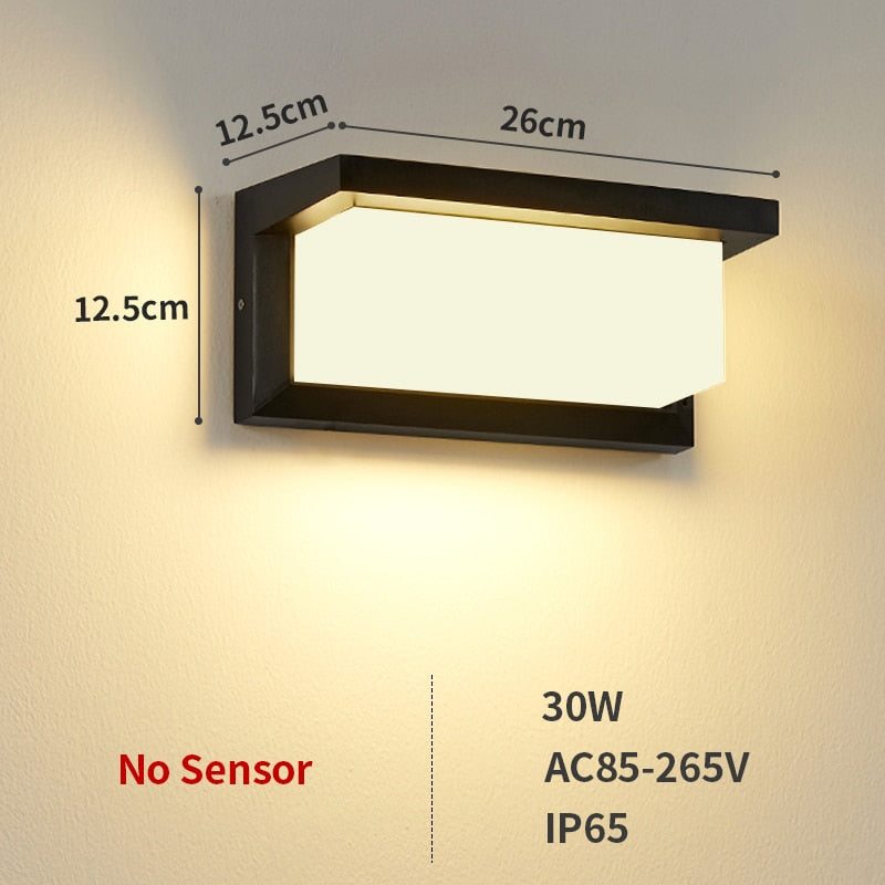 Lámpara LED de pared para exteriores, impermeable, IP65, Sensor de Radar, iluminación, luces de porche montadas en superficie, balcón, jardín, aplique de 12W, 18W, 30W