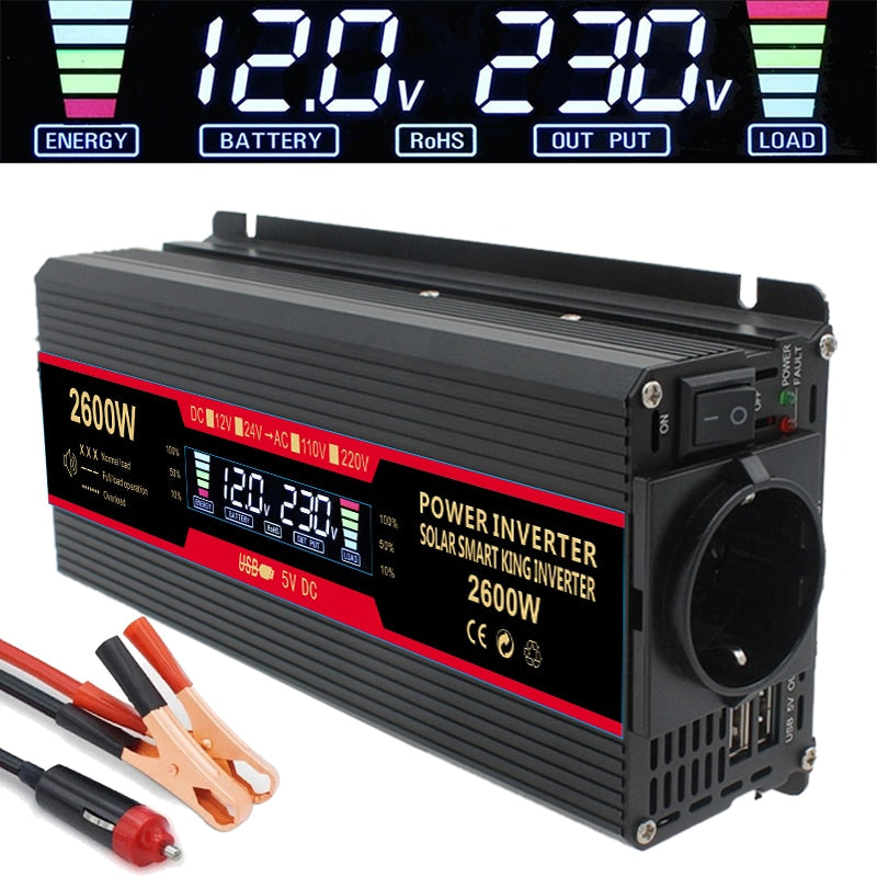 Solar-Wechselrichter, 12 V, 220 V, Wechselrichter, 1500 W, 2000 W, 2600 W, modifizierte Sinuswelle, LCD-Display, 2 USB-Autotransformatoren, Konvertierung in EU-Buchse