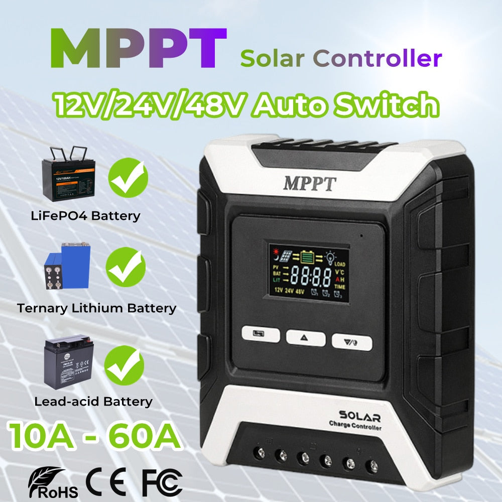 Nuovo arrivo 12V/24V/48V Auto MPPT Regolatore di carica solare 60A 40A 30A 20A Pannello solare PV Regolatore Display LCD Controllo Dual USB