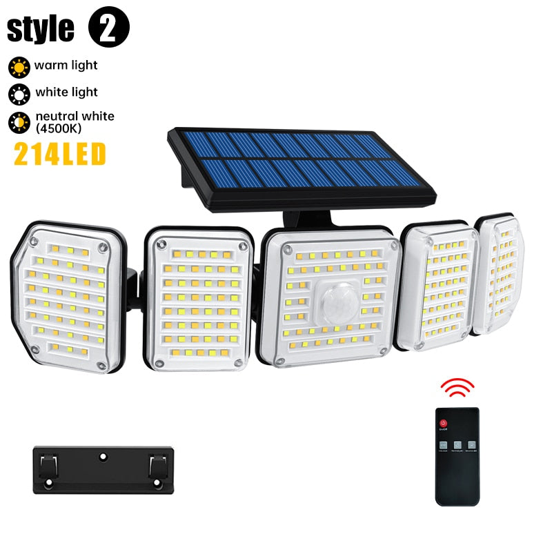 Solar Motion Sensor Flood Lights Outdoor 256/214LEDs 6 or 5 Heads 360° illumination IP65 Solar Security Lights White/Warm White