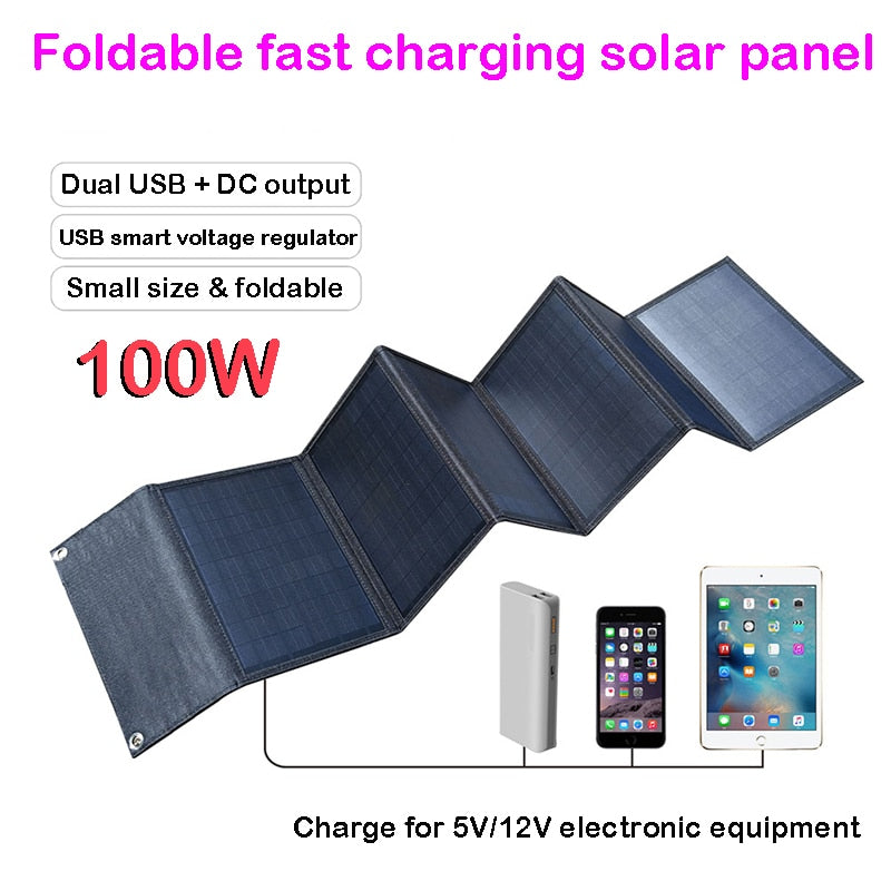 100W Solar Panel, Foldable fast charging solar panel Dual USB + DC output USB smart voltage