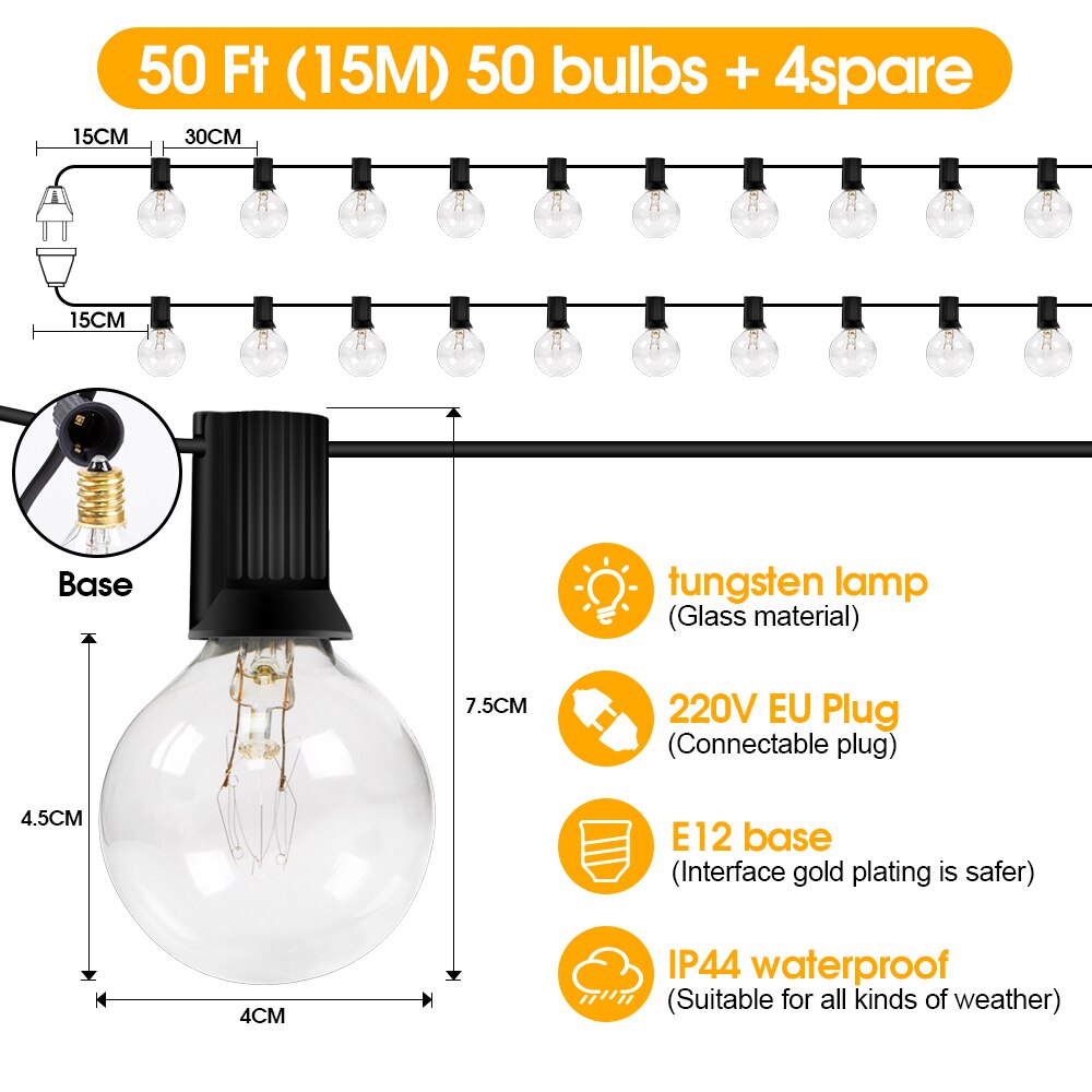 LED G40 Globe String Lights, EU 220V , 10/30/50  Plastic G40 Bulbs For Christmas Party Garden Decorative Garland Lamp S