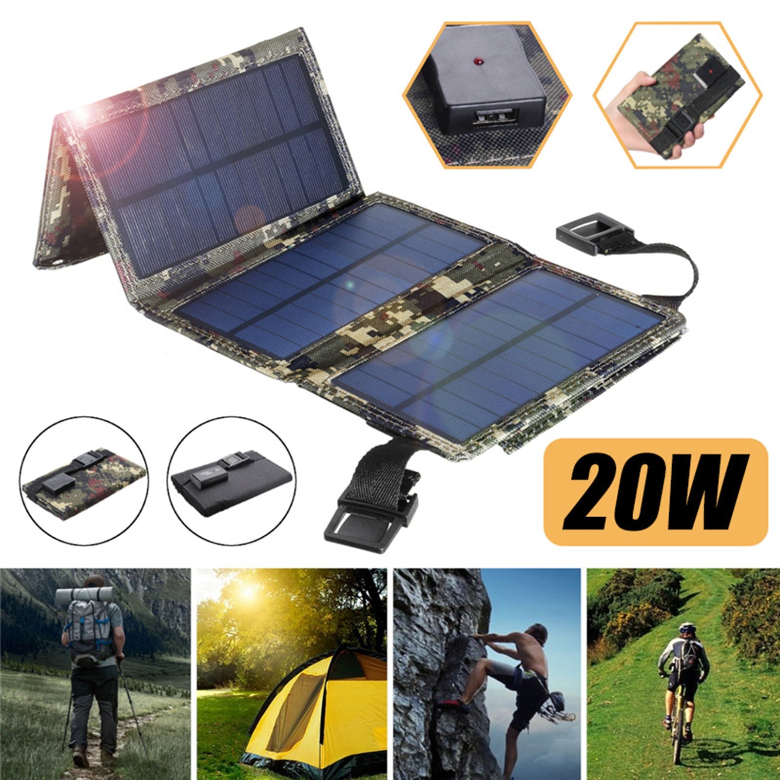20W Outdoor Foldable Solar Panels Cell 5V USB Portable Solar Smartphone Battery Charger for Tourism Camping Hiking Phone Charger