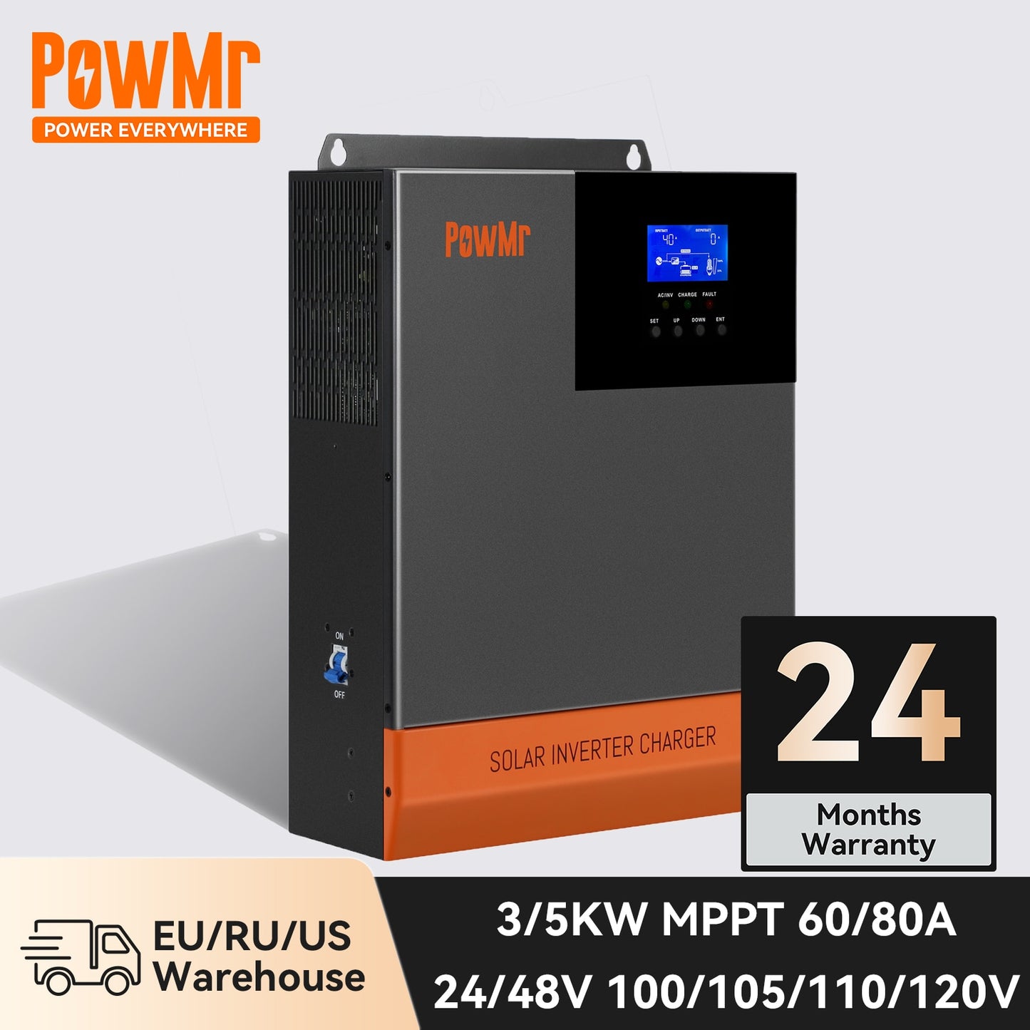 PowMr 110V Solar Inverter Hybrid 48V 24V 5KW 3KW MPPT Build-In 80A 60A Charger Pure Sine Wave Hybrid Inverter 100V to 120V