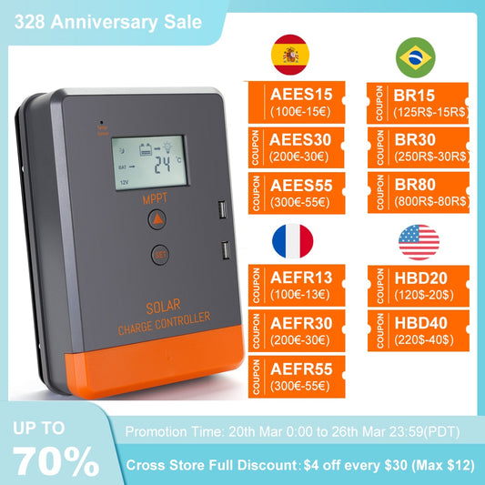 PowMr MPPT Solar Panel Charger Controller 20A 30A 40A 12V 24V Auto LCD Display Fit for AGM Gel Flooded Lithium Batteries Charger