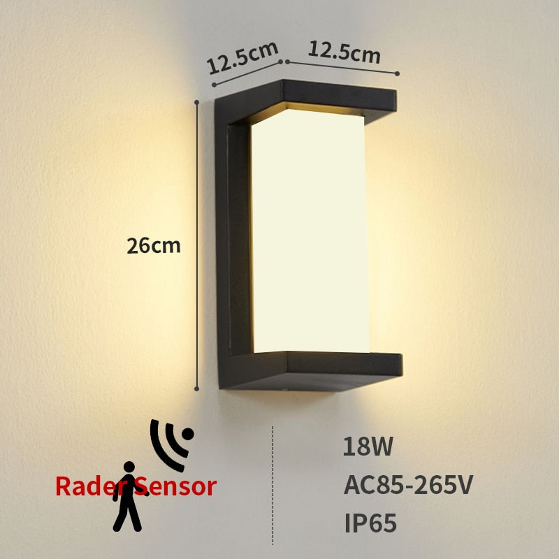 Lámpara LED de pared para exteriores, impermeable, IP65, Sensor de Radar, iluminación, luces de porche montadas en superficie, balcón, jardín, aplique de 12W, 18W, 30W