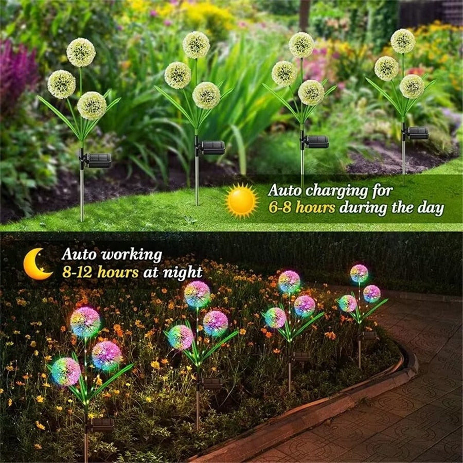 LED Outdoor Solar Lights Landscape Pathway Lighting Waterproof 1/3 Heads Dandelion Lawn Lamps for Park Patio Garden Decoration