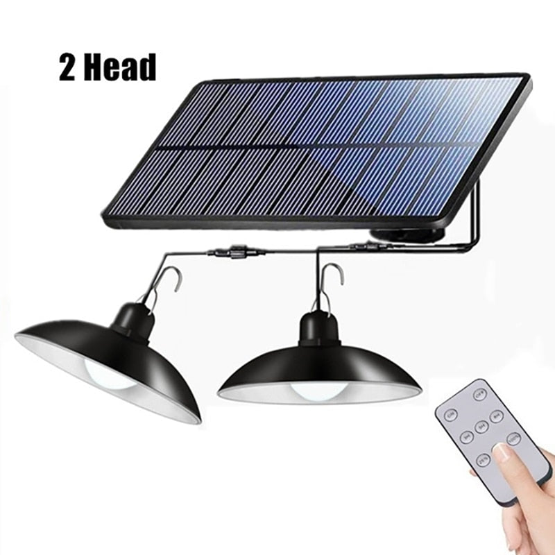 Solar Pendant Light Outdoor Waterproof LED Lamp Double-head Chandelier Decorations with Remote Control for Indoor Shed Barn Room