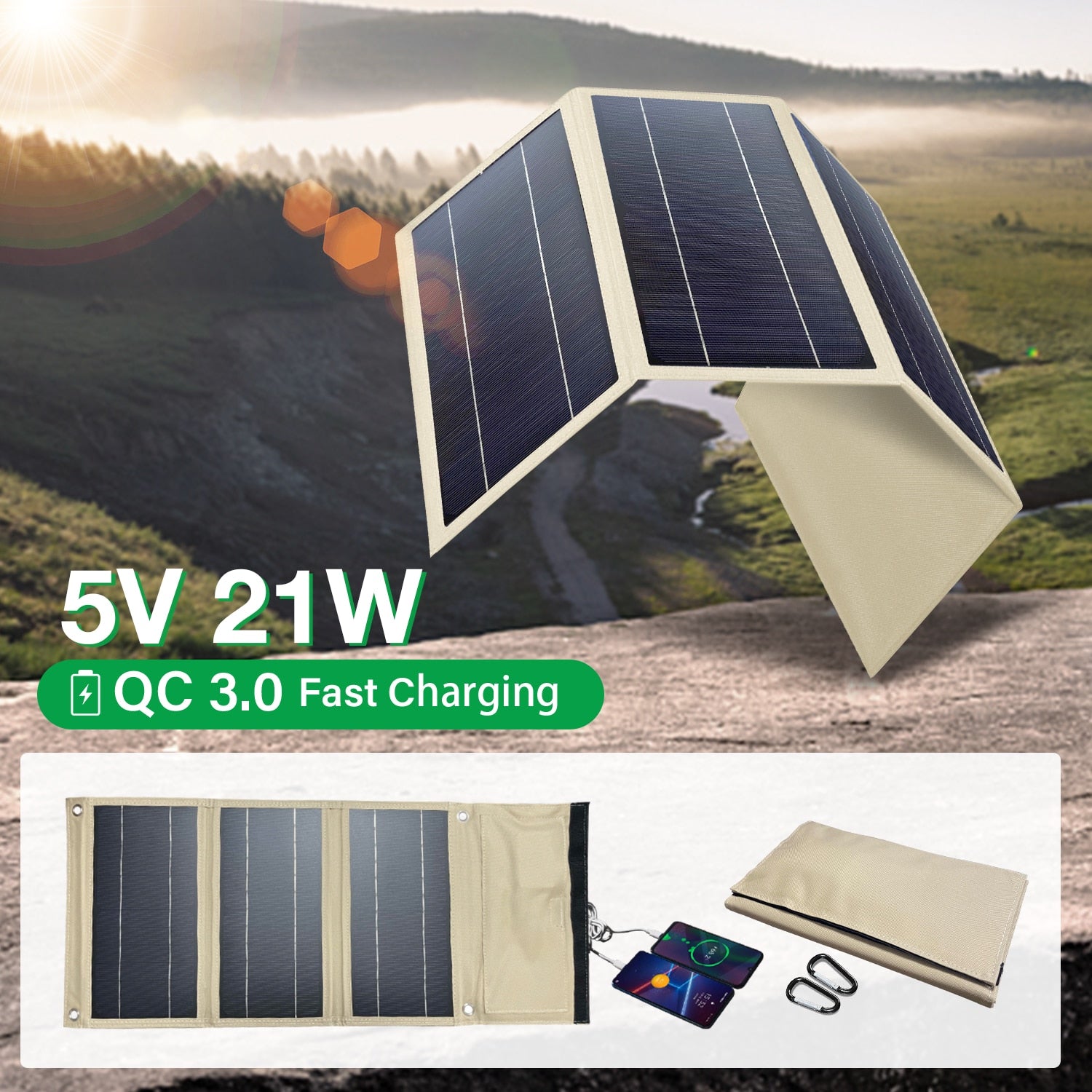 21W Solar Panel qc3.0 5V 9V 12V Portable Power Bank 2USB solar charger For outdoor camping RV Car battery fishing cell phone