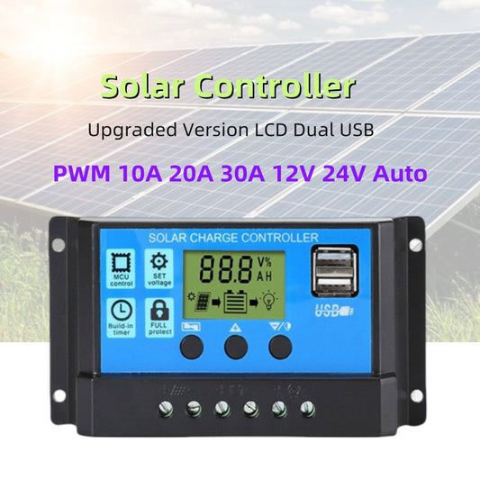 Upgraded Smart Solar Charge Controller 10A 20A 30A 12V 24V Auto PWM LCD Dual USB 5V Output Solar Panel PV Regulator Hot Sale