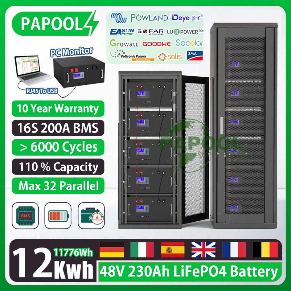 LiFePO4 48V 230Ah 200Ah 100Ah Battery Pack 51.2V 12Kw 10Kw 6000 Cycle Max 32 Parallel PC Monitor Inverter Battery With CAN RS485