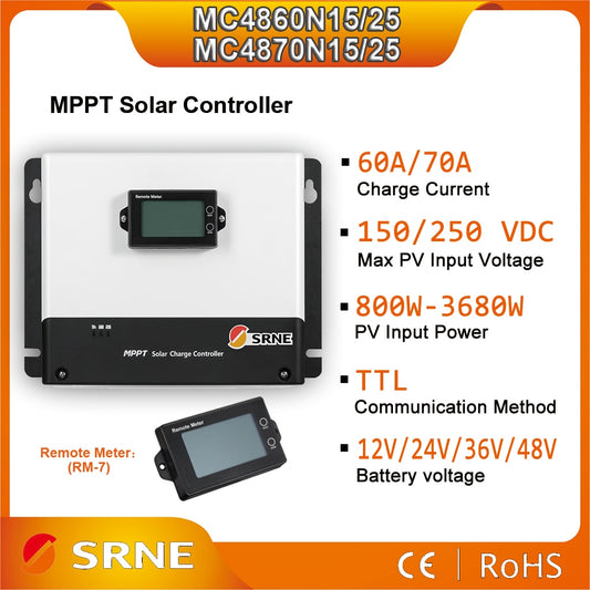 SRNE MPPT 60A 70A 12V 24V 36V 48 PV MAX Input 250VDC Solar Controller PV Regulator Auto Match  For Lifepo4 Lithium GEL Lead Acid