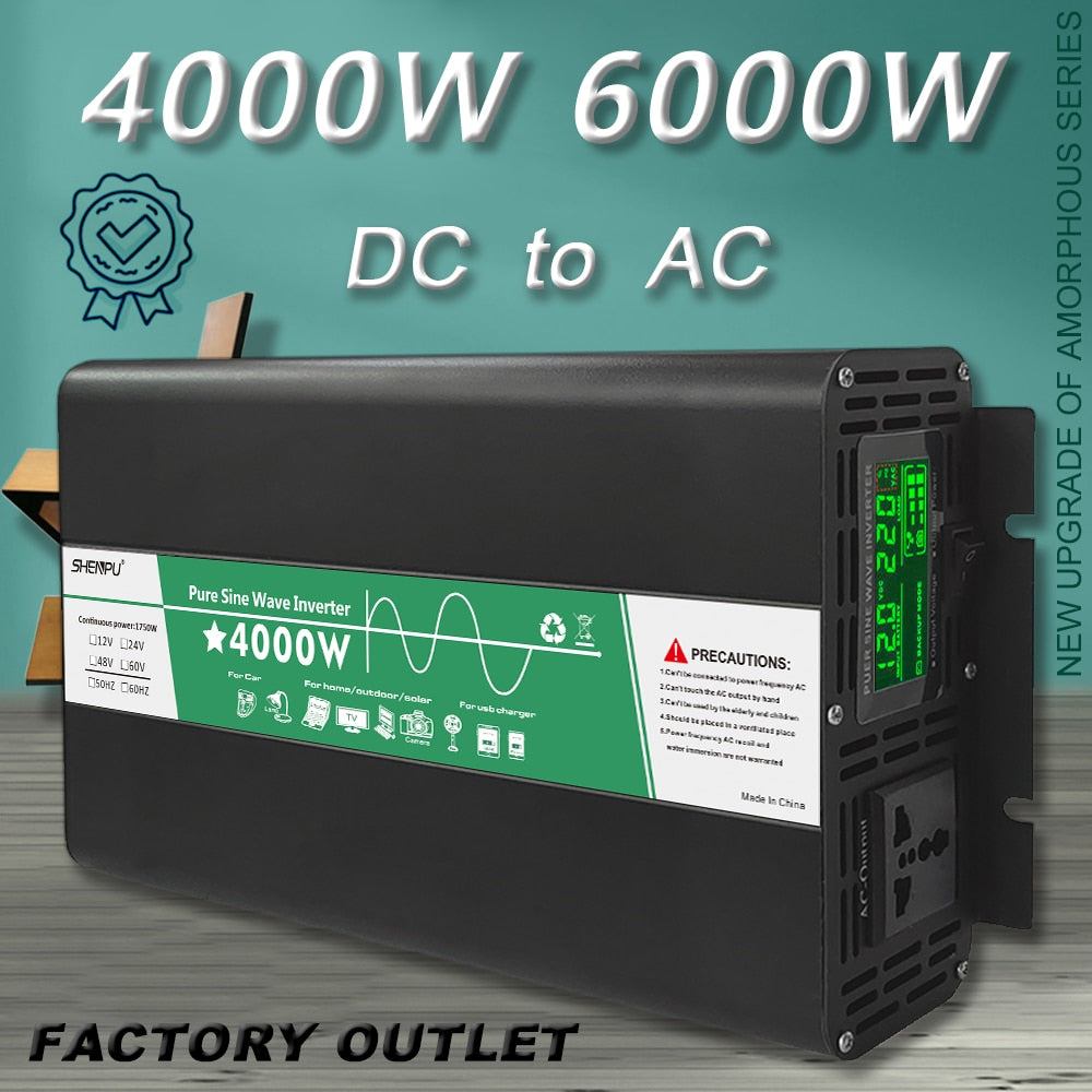 Reiner Sinus-Wechselrichter 4000 W 6000 W Leistung DC 12 V zu AC 220 V Spannung 50 Hz Konverter Solar-Auto-Wechselrichter