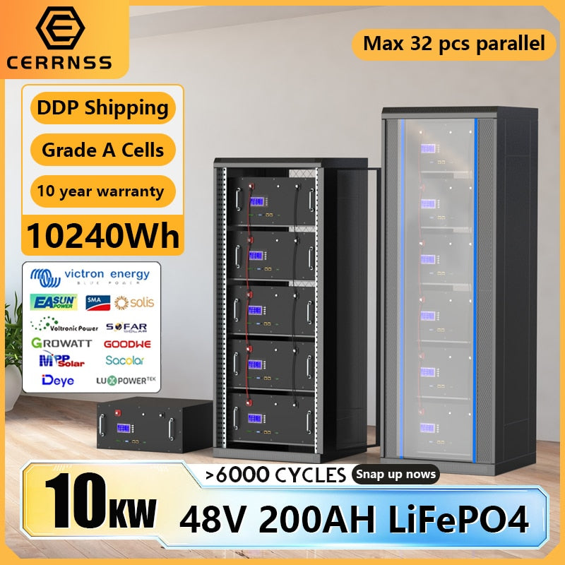LiFePO4 48V 200AH Battery Pack Max 32 Parallel 10KWH Built-in BMS With CAN RS485>6000 Cycles For Solar 10 Year Warranty Tax Free
