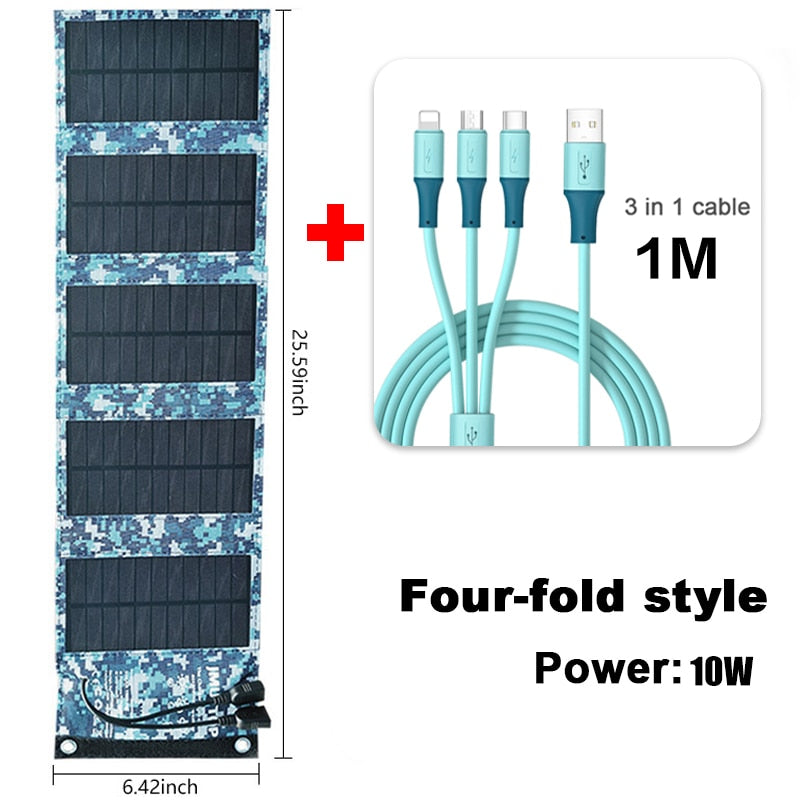 JMUYTOP Foldable usb 5v solar panels 10w 7w battery power bank For cells phone iphone xiaomi samsung 3in1 Charging Cable kit