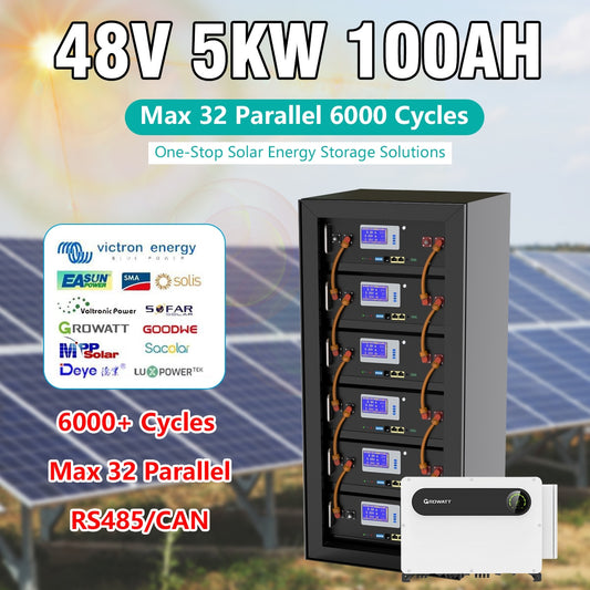 LiFePO4 48V 5KW Battery Pack - 51.2V 100AH Lithium Battery 6000+ Cycles Max 32 Parallel RS485 CAN For Solar Off/On Grid Inverter