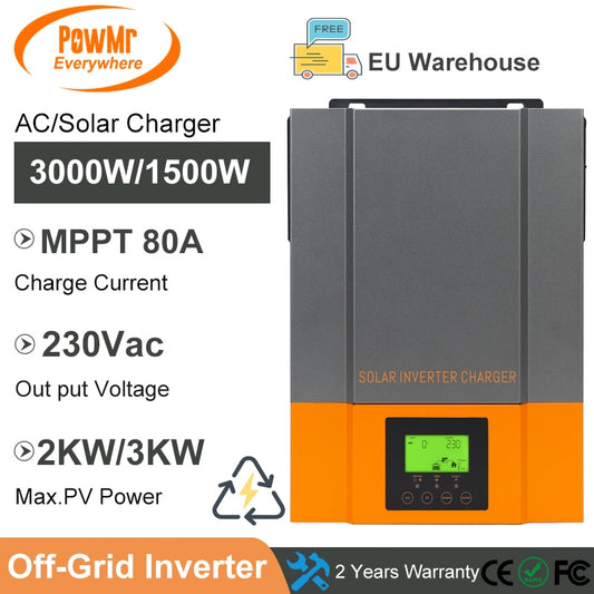 MPPT 80A Solar Charger 230VAC Max Solar Panel In-put 450vdc Pure Sine Wave Inverter 1.5KW 2.4KW 3KW with WIFI for Hybrid System