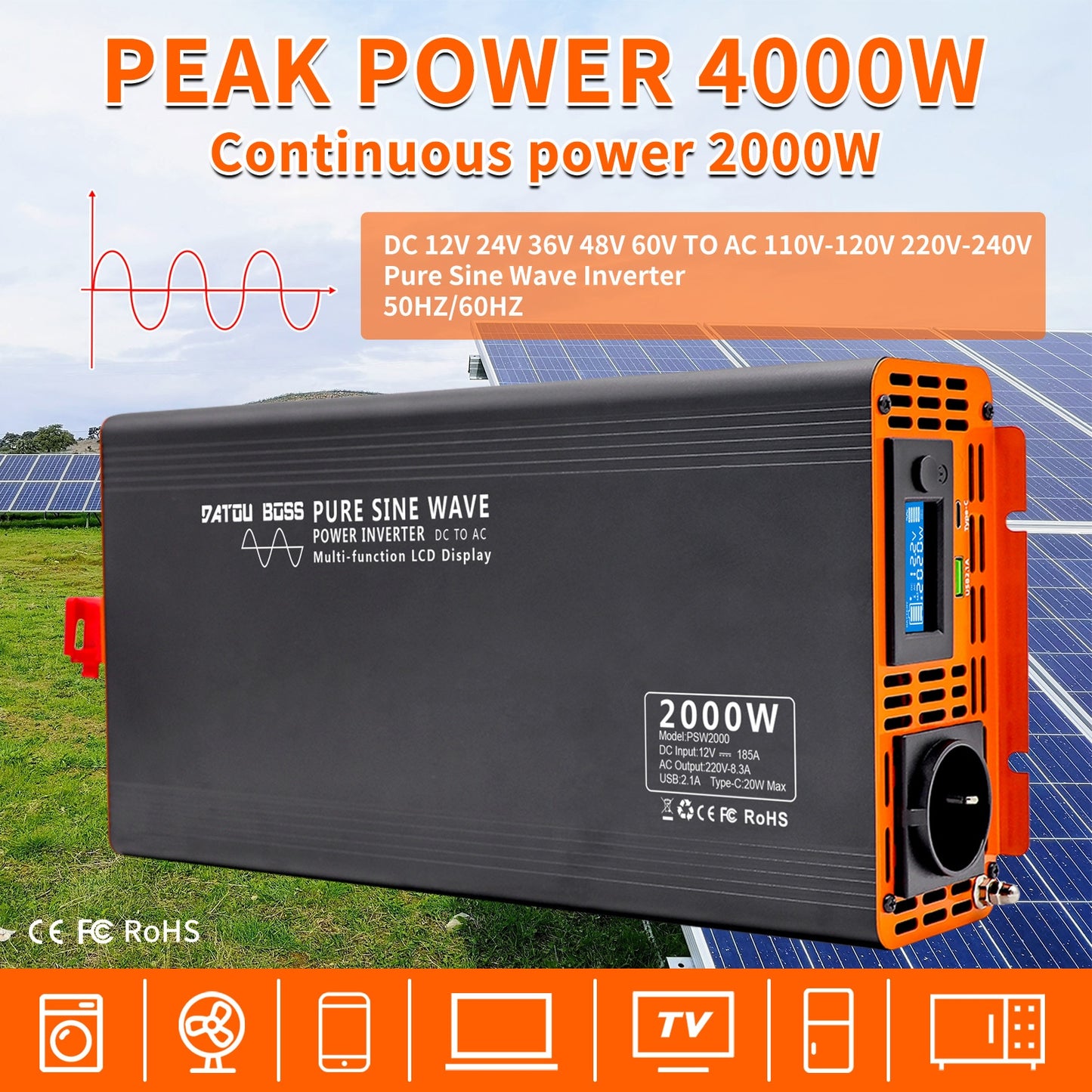 DATOUBOSS Inversor de onda senoidal pura 4000W DC 12V 24V 36V 48V 60V 72V a AC 220V 240V Power Inverter Continuous Power 2000W