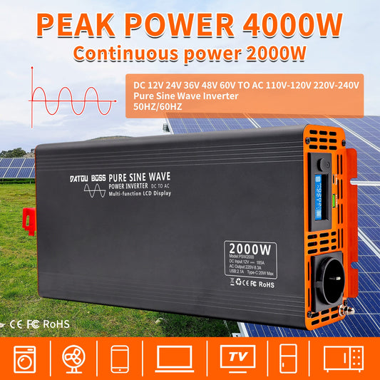 DATOUBOSS Pure Sine Wave Inverter 4000W DC 12V 24V 36V 48V 60V 72V to AC 220V 240V Power Inverter Continuous Power 2000W