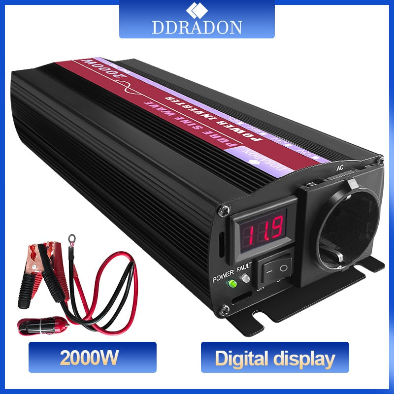 Inversor de onda senoidal pura 1000 W 1600 W 2000 W DC 12 V AC 220 V 50 Hz Inversor de energia plugue UE Conversor de carro para casa Energia solar