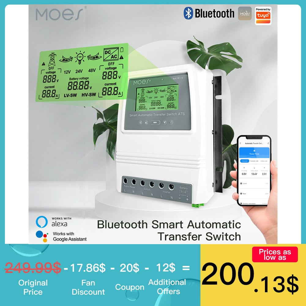 MOES Tuya Smart Dual Power Controller 80A Automatic Transfer Switch for Off Grid Solar Wind System ATS DC 12/24/48V AC 110/220V