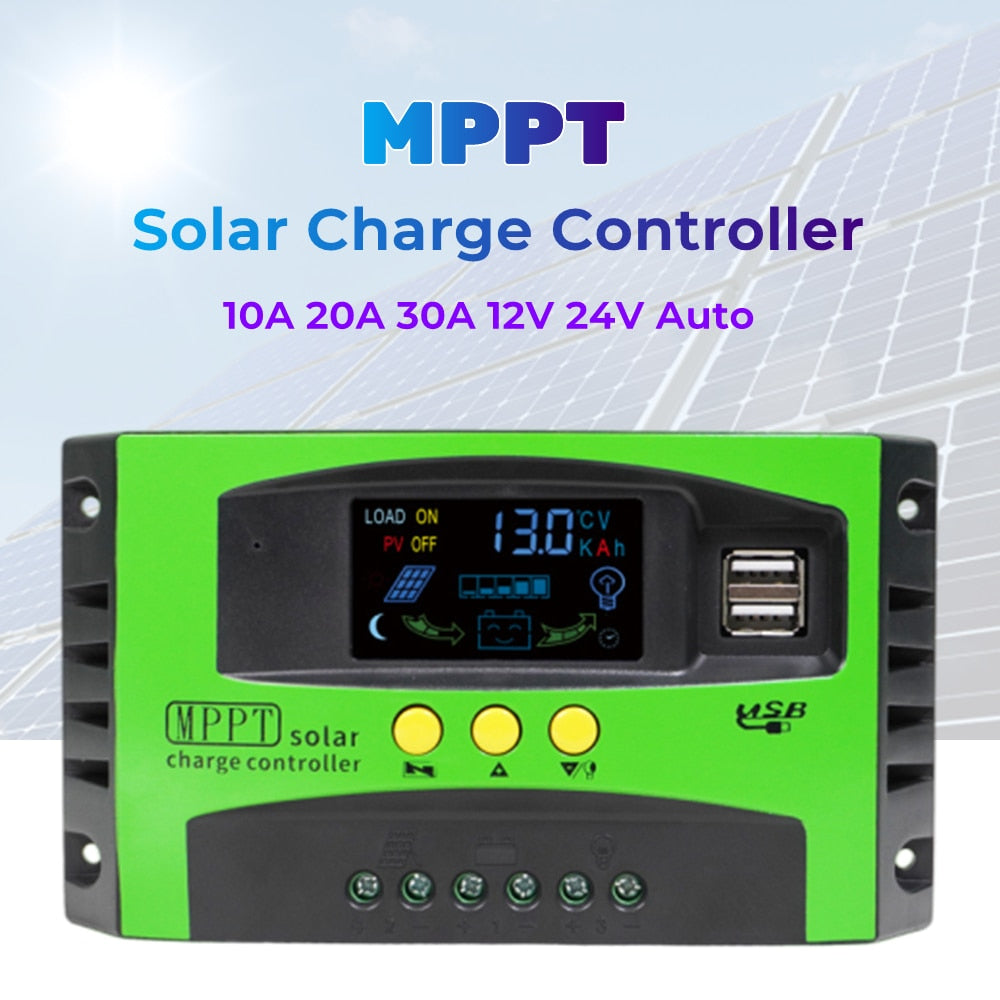 Nouveauté 12V 24V Auto MPPT contrôleur de Charge solaire 10A 20A 30A panneau solaire régulateur PV couleur LCD affichage 5V double USB