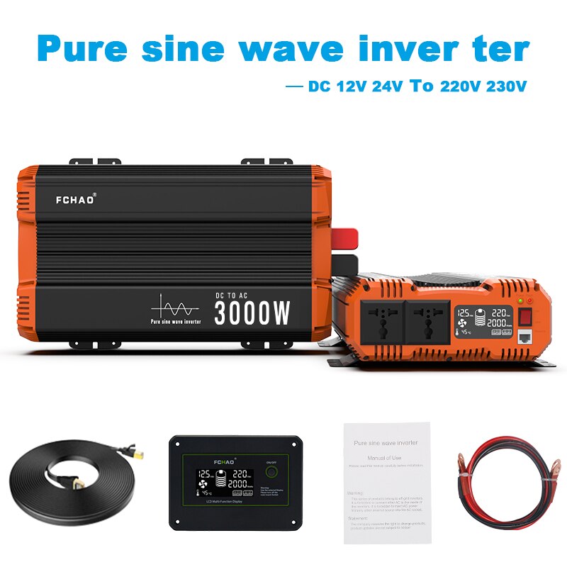 FCHAO 3000Wt Inverter Pure Sine Wave 50hz 60hz with LCD Display 24v 12v to 220v 230v Solar Panel Mobile RV Vehicle Transformer