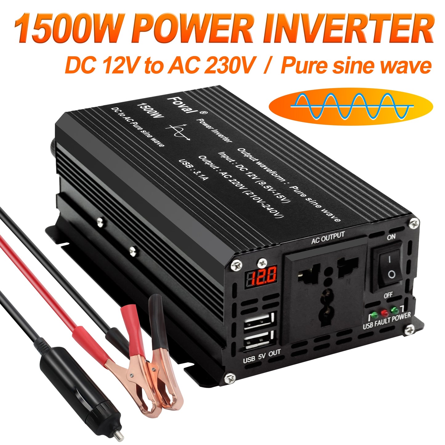 DC 12V to AC 220V Pure Sine Wave Inverter 1000W/1500W/2200W/2600W/3000W LED Voltmeter Converter Transformer Universal EU Socket