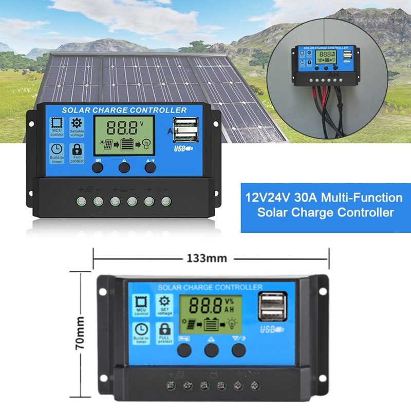 Regolatore solare aggiornato 10A 20A 30A 12V / 24V Pannello solare automatico Regolatore fotovoltaico Caricabatterie PWM Uscita 5V Display LCD Dual USB