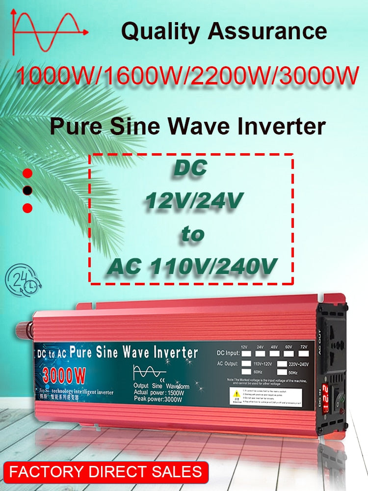 Inversor de onda senoidal pura 12V 24V 220V 110V 1000W 1600W 2000W 3000W Conversor de energia solar 12V a 220V Inversor transformador LED