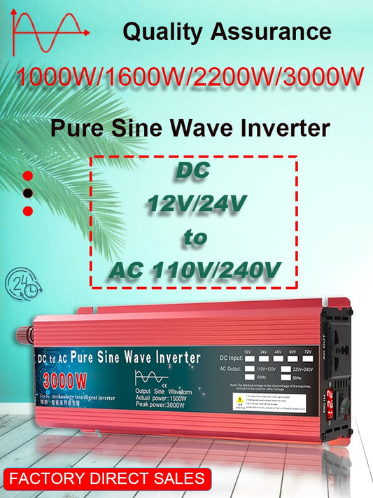 Pure Sine Wave Inverter 12V 24V 220V 110V 1000W 1600W 2000W 3000W Power Converter Solar 12V To 220V Inverter Transformer LED