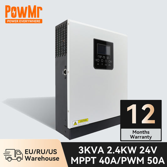 PowMr 2.4KW Hybrid Inverter 24V 3KVA Solar Inverter Pure Sine Wave MPPT PWM 70A 80A 230VAC 50Hz/60Hz Inversor