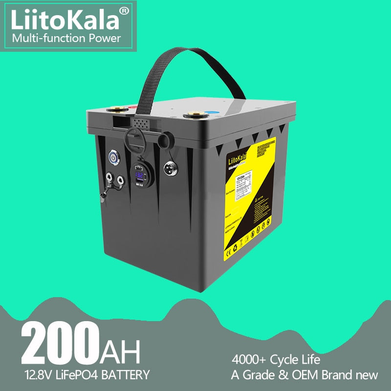 LiitoKala 12V 200Ah LiFePO4 Battery 12.8V Power For RV Campers Golf Cart Off-Road Off-grid Solar Wind，QC3.0 Type-C USB output