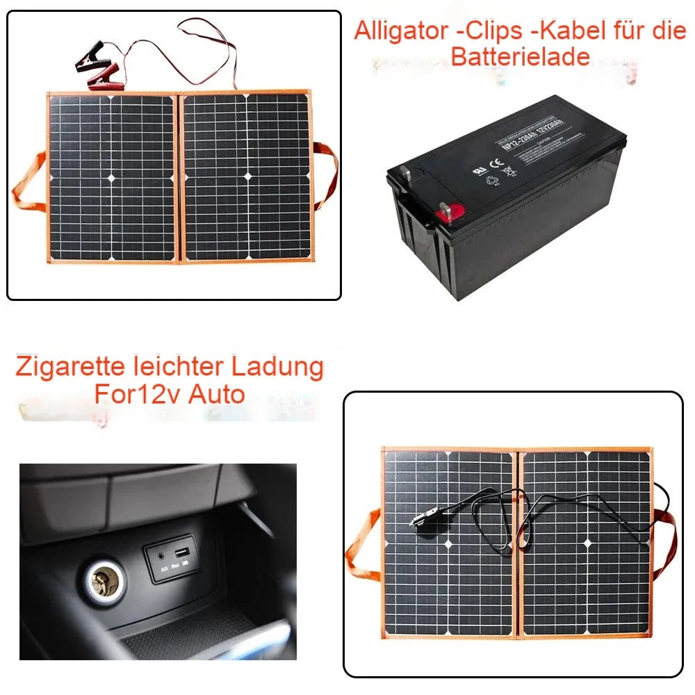 100W 80W 60W 40W Faltbares Solarpanel, Multi-Tool mit Alligatorklammern, Kabeln und Adapter zum Laden von 12-V-Batterien und Stromversorgungsgeräten im Rahmen der Besetzung.