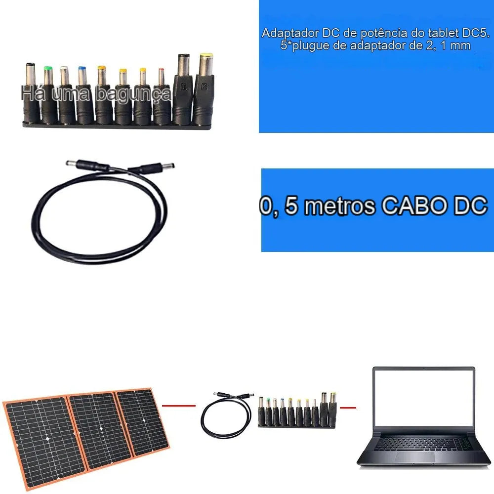 100W 80W 60W 40W Painel solar dobrável, adaptador CC universal com plugue de 5,5 mm x 2,1 mm para tablets e dispositivos.