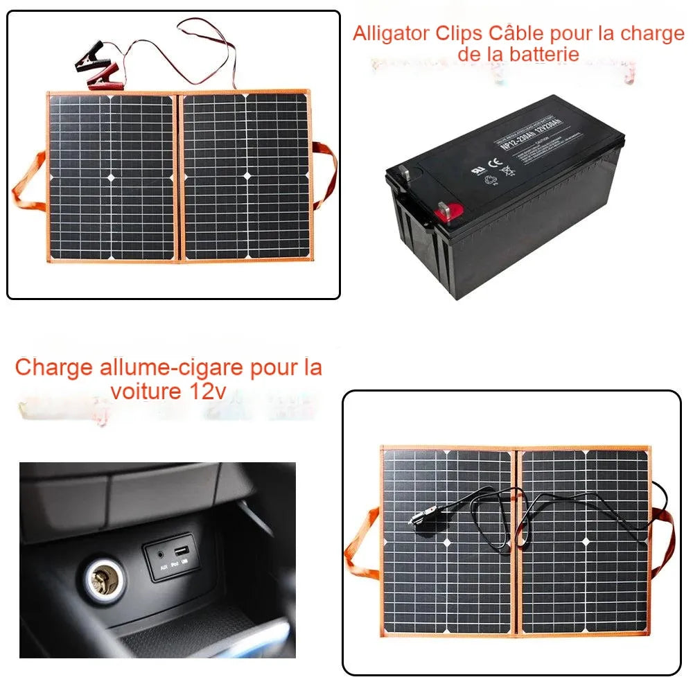 100W 80W 60W 40W Panneau solaire pliable, multi-outil avec des clips, câbles et adaptateurs d'alligator pour charger des batteries 12V et des dispositifs d'alimentation sur le pouce.