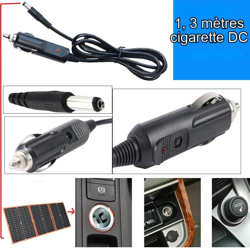 100W 80W 60W 40W Panneau solaire pliable, câble de chargeur de voiture DC avec une longueur de 1,3 mètre pour les briquets à cigarettes.