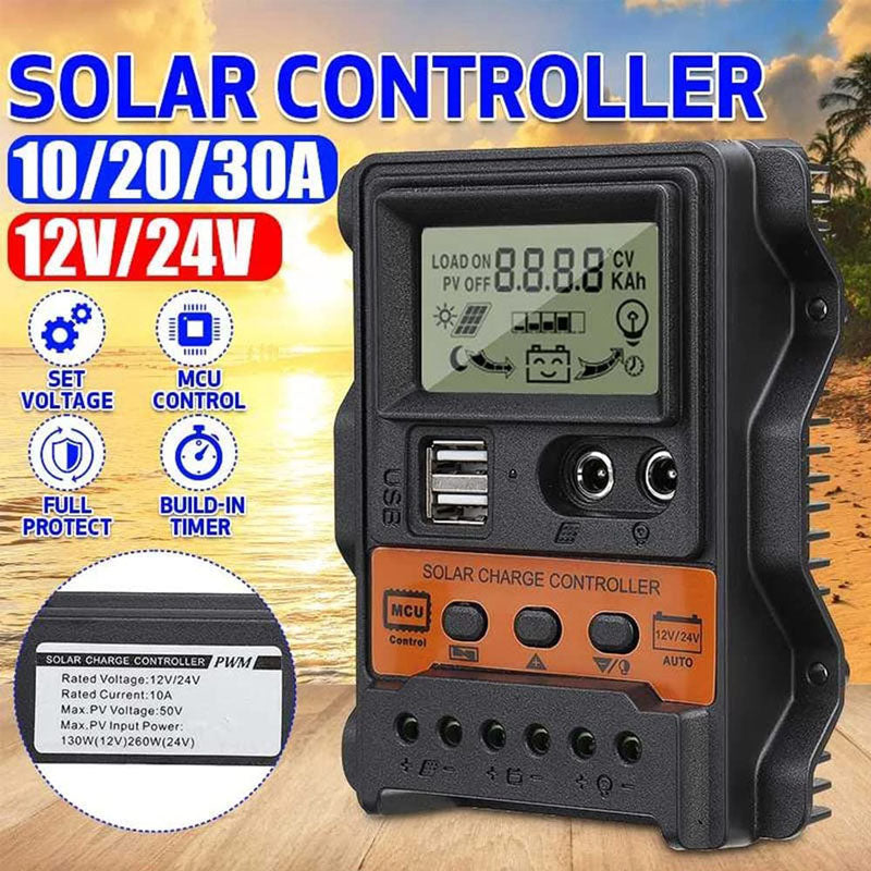 Solar Controller, Regulates battery charging with PWM tech, featuring auto LCD display, USB ports, and built-in protections.