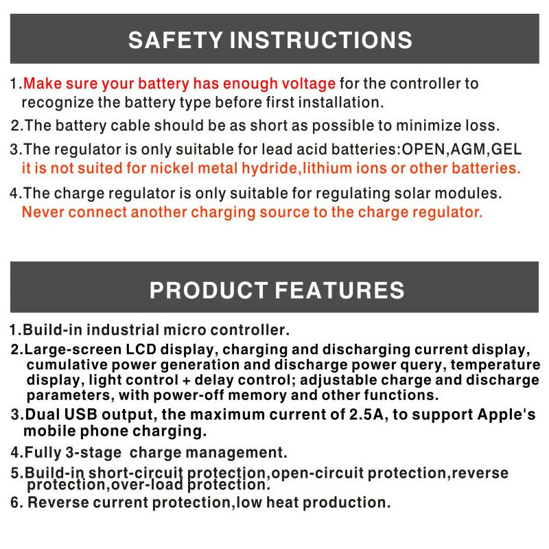 Solar controller regulates solar power, charges batteries, and powers devices via dual USB ports.