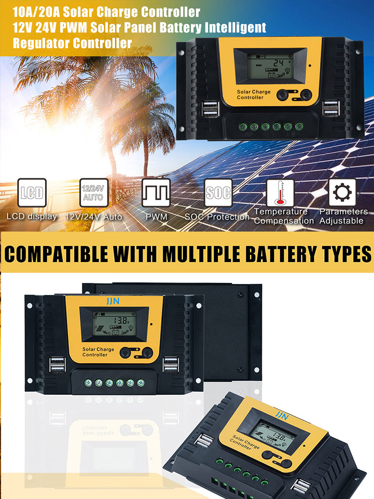 High-performance MPPT solar charge controller for 12/24V batteries with adjustable capacity.