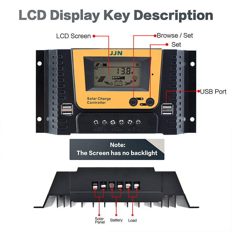 MPPT Solar Charge Controller, LCD display, dual USB ports, and adjustable charging control for solar-powered devices.