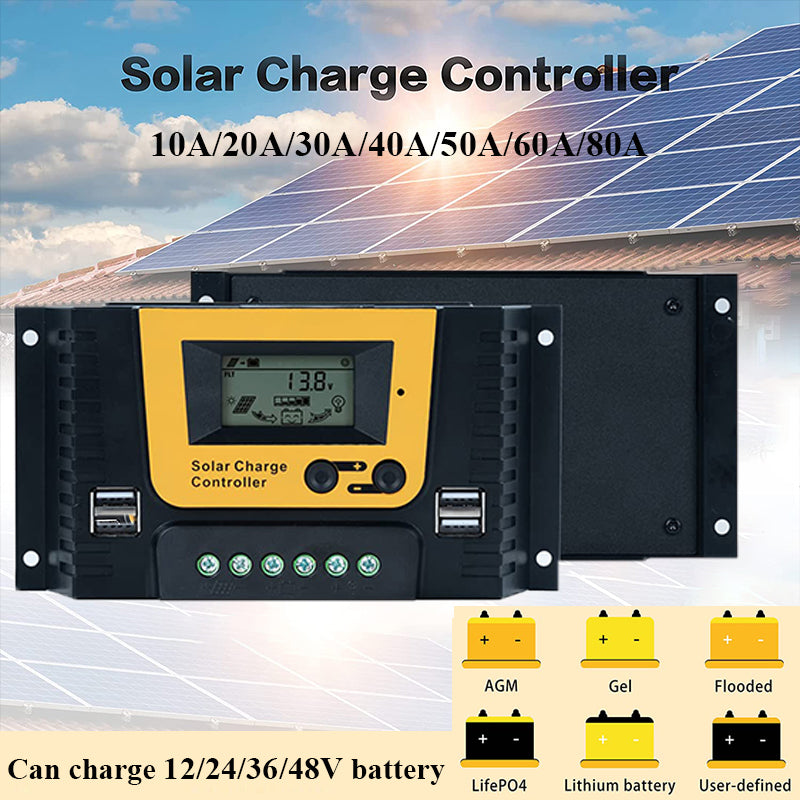 MPPT Solar Charge Controller, Charges batteries up to 80A, suitable for AGM/Gel/Flooded/LifePO4, with dual USB ports and LCD display.