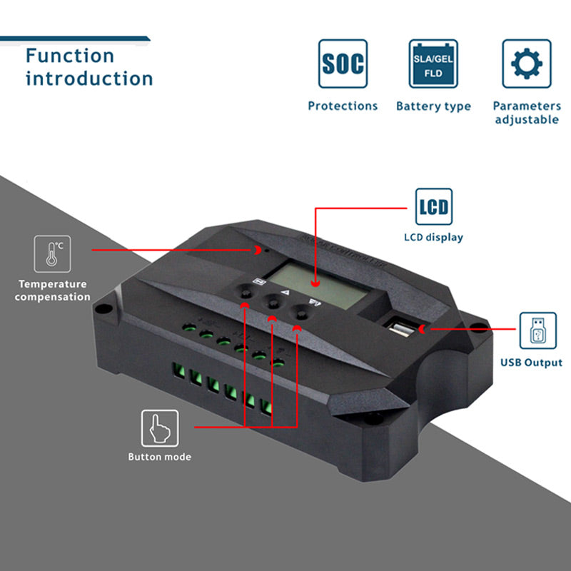 MPPT Solar Charge Controller, Advanced MPPT solar charger controller for 12V/24V batteries with LCD display and adjustable settings.