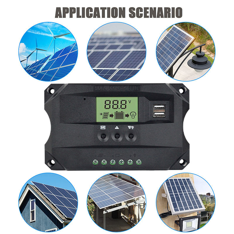 MPPT Solar Charge Controller, Functional LCD Display with intuitive interface, displaying status and data, ideal for various settings.